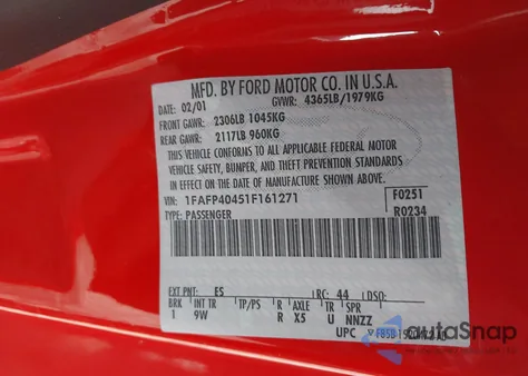 2001 Ford Mustang z USA, uszkodzony, nr VIN 1FAFP40451F161271